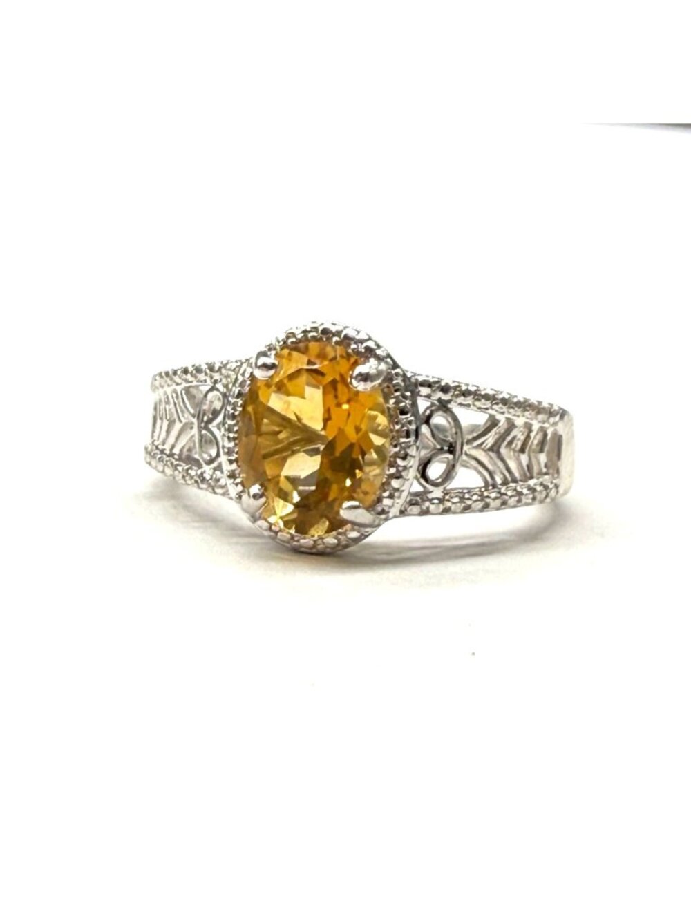 STS Karis Ring Citrine Filigree Elegant Bridal Signed Silver Tone Size 11